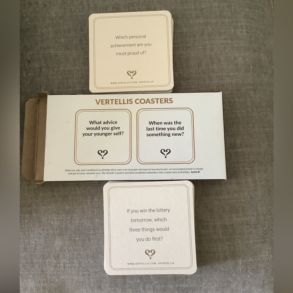 Vertellis Coasters, which are conversation starters 
New in the box
